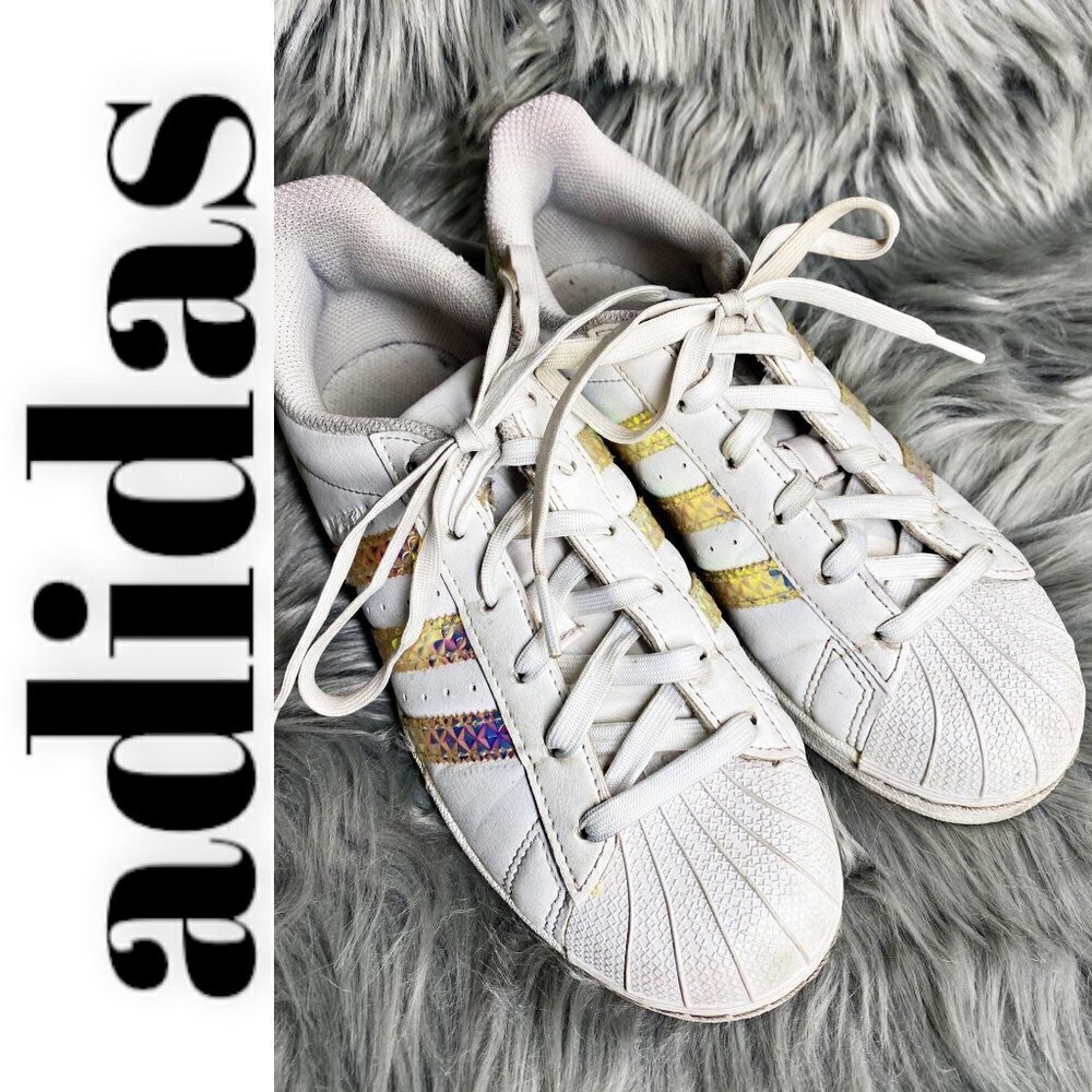 ADIDAS Superstar Sneakers White Leather Gold Metallic Stripes and Heel, Size 5.5